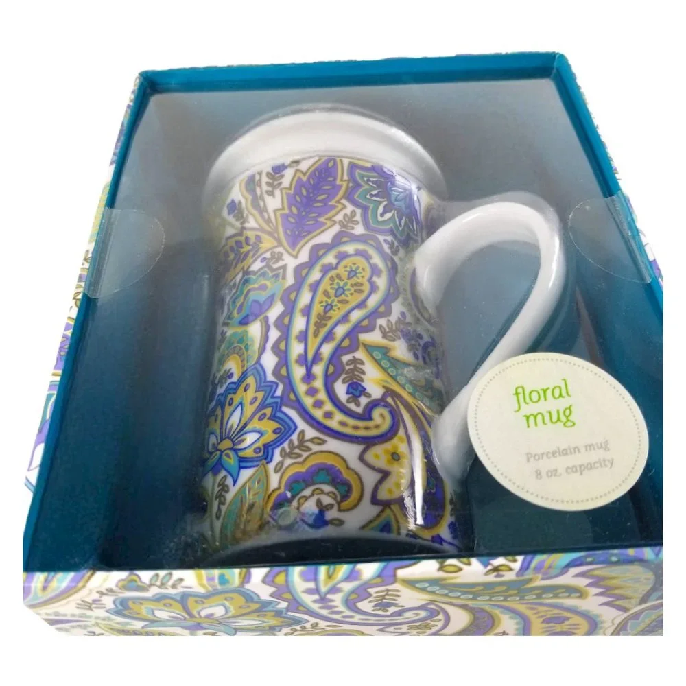 Lidded Tall 8oz Coffee Mug Gift Box Porcelain Blue/Yellow Paisley Floral B&N Mug - Picture 7 of 12